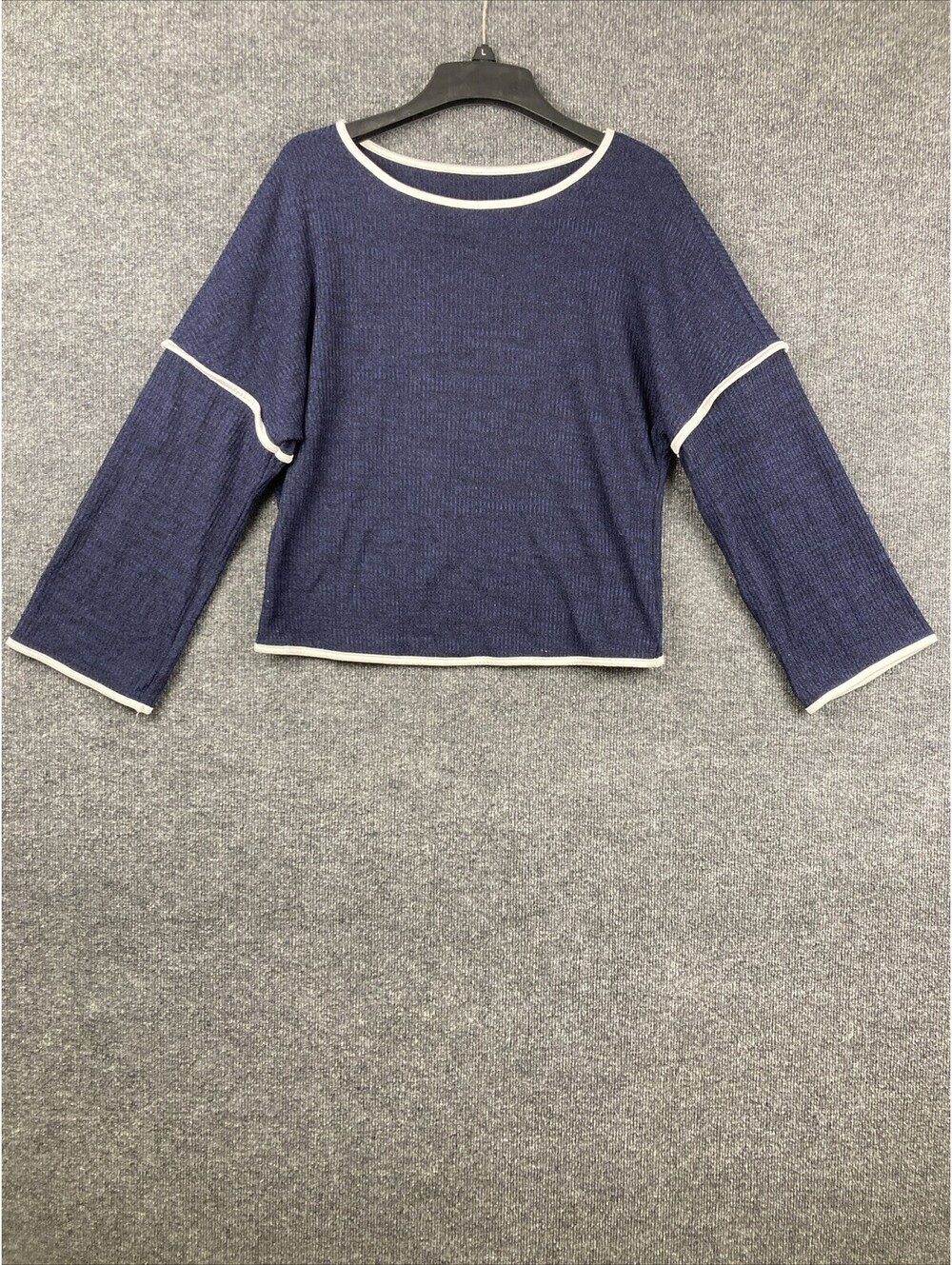 Womens Size Small Navy Blue White Trim Long Sleeve Lightweight Sweater EUC